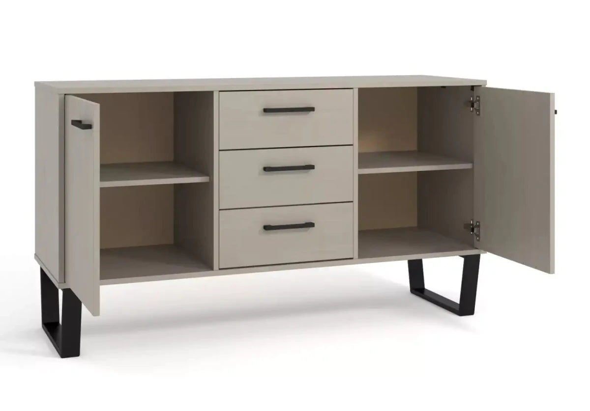 Texas - grey waxed pine industrial style medium sideboard with 2 doors, 3 drawers - Price Crash Furniture