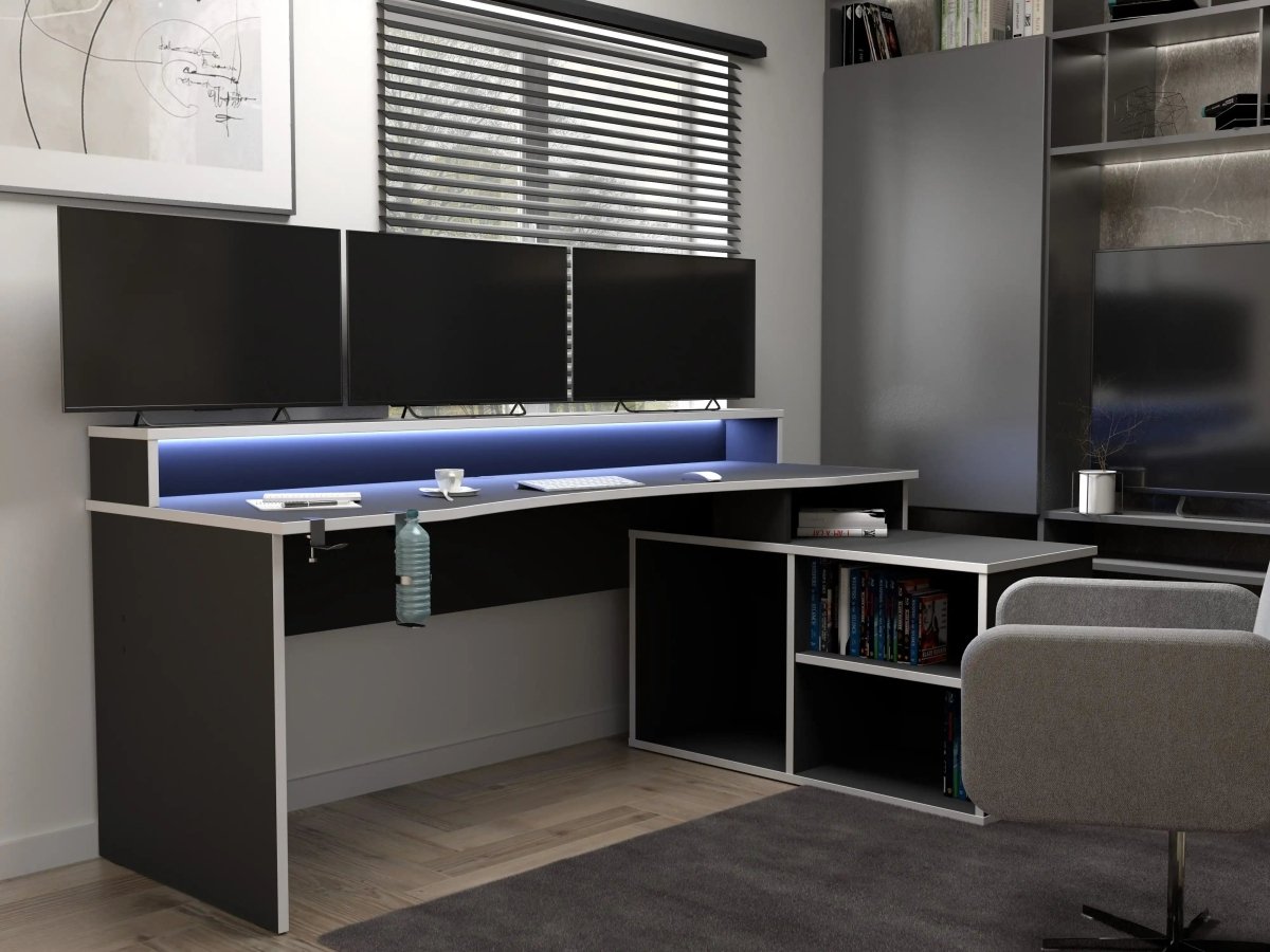 Tezaur 200cm Gaming Desk With LED In Black & White - Price Crash Furniture