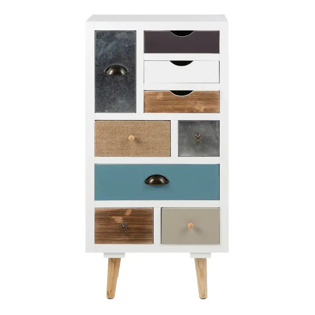 Thais White Shabby Chic Multi Coloured 9 Drawer Chest - Price Crash Furniture
