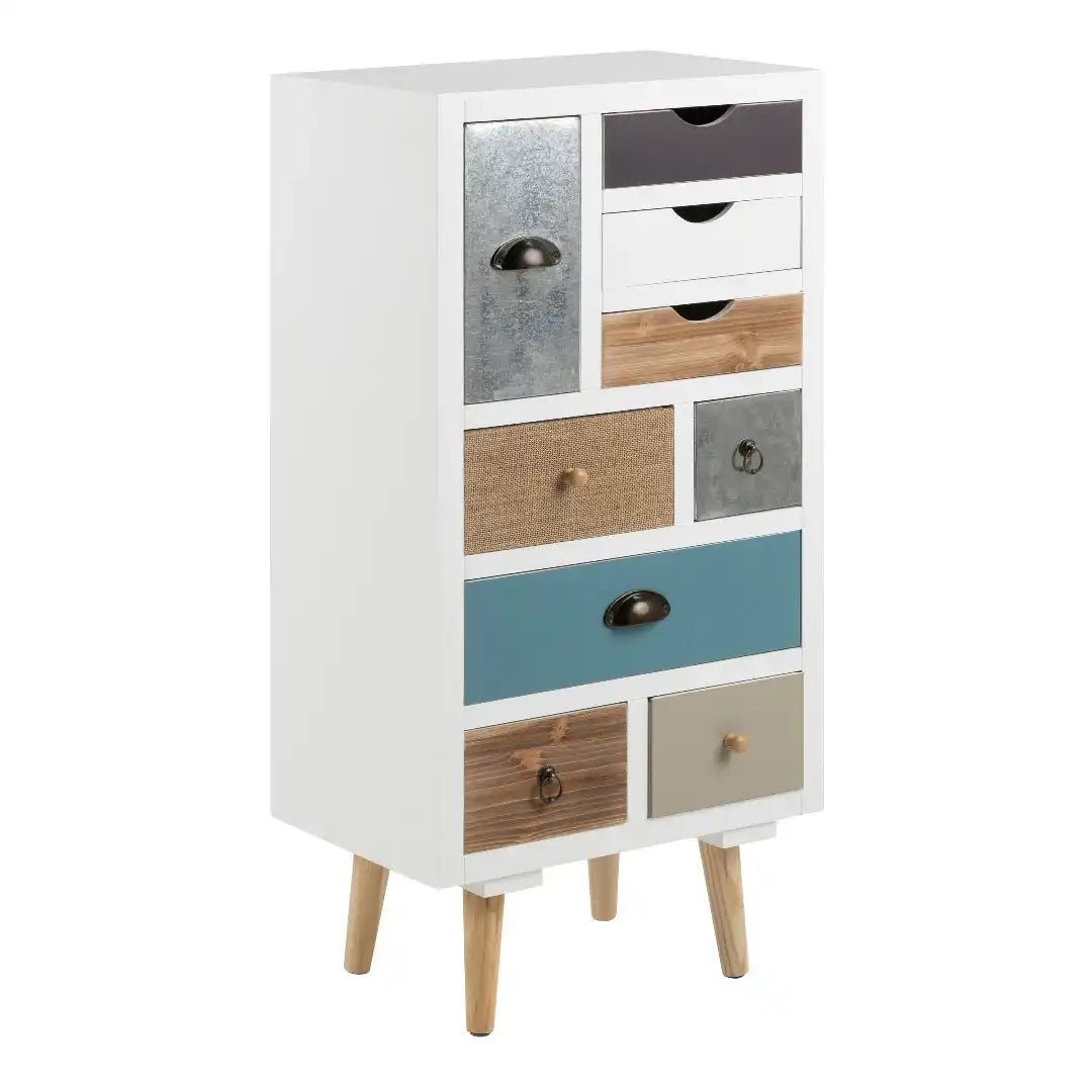 Thais White Shabby Chic Multi Coloured 9 Drawer Chest - Price Crash Furniture
