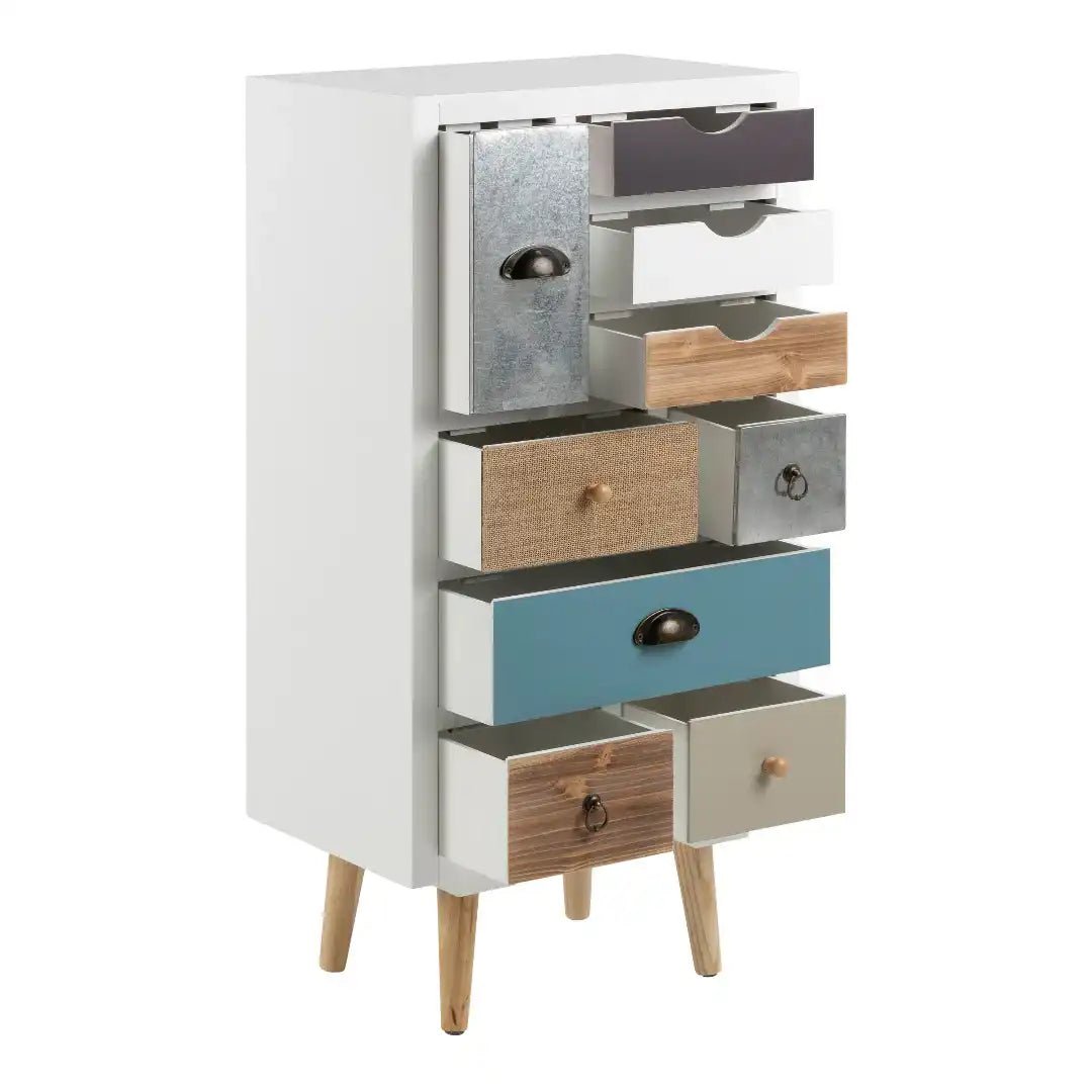 Thais White Shabby Chic Multi Coloured 9 Drawer Chest - Price Crash Furniture