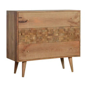 Tile Carved 3 Drawer Chest in Oak - effect Mango Wood - Price Crash Furniture