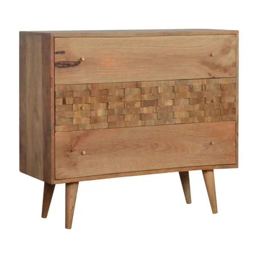 Tile Carved 3 Drawer Chest in Oak - effect Mango Wood - Price Crash Furniture