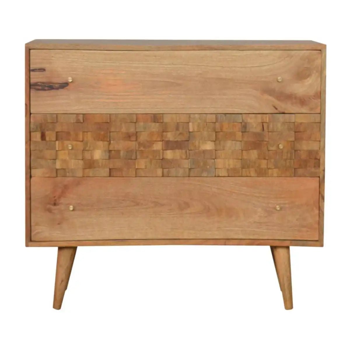 Tile Carved 3 Drawer Chest in Oak - effect Mango Wood - Price Crash Furniture