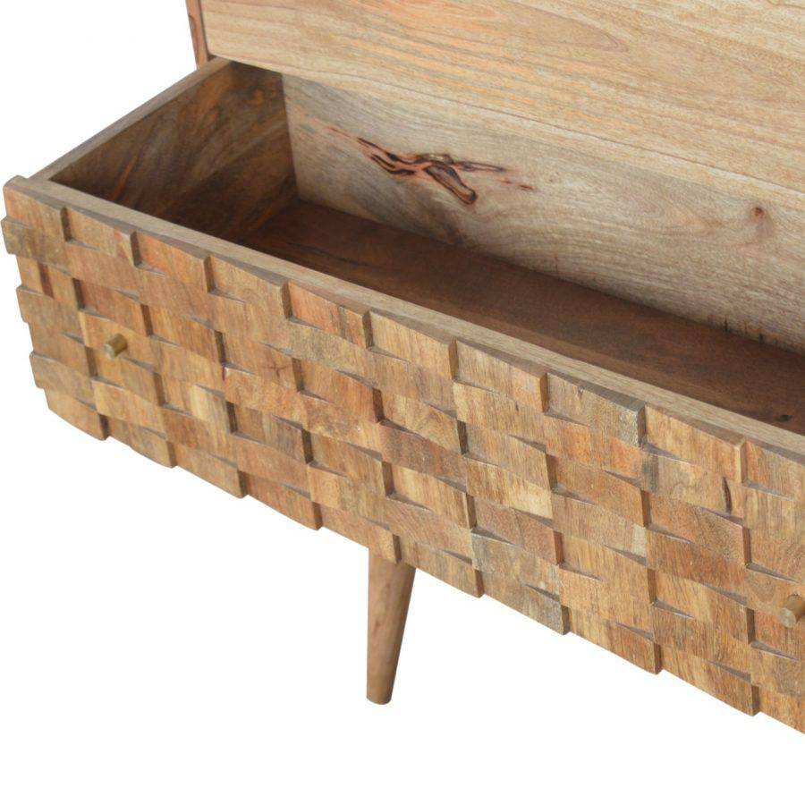 Tile Carved 3 Drawer Chest in Oak - effect Mango Wood - Price Crash Furniture
