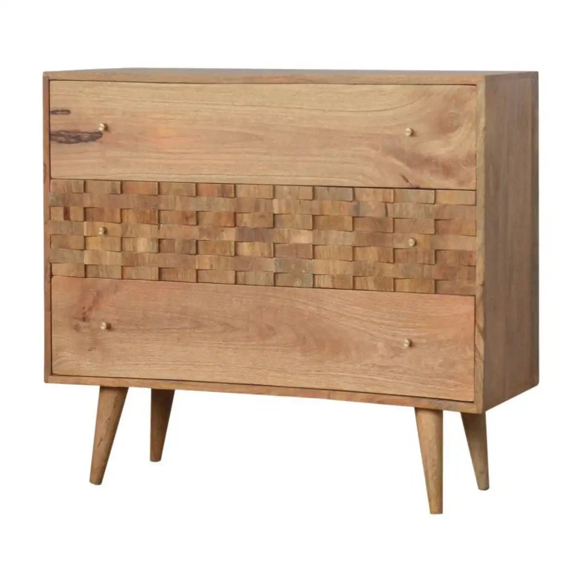 Tile Carved 3 Drawer Chest in Oak - effect Mango Wood - Price Crash Furniture