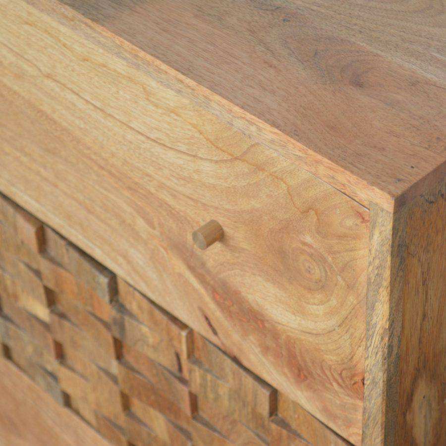Tile Carved 3 Drawer Chest in Oak - effect Mango Wood - Price Crash Furniture