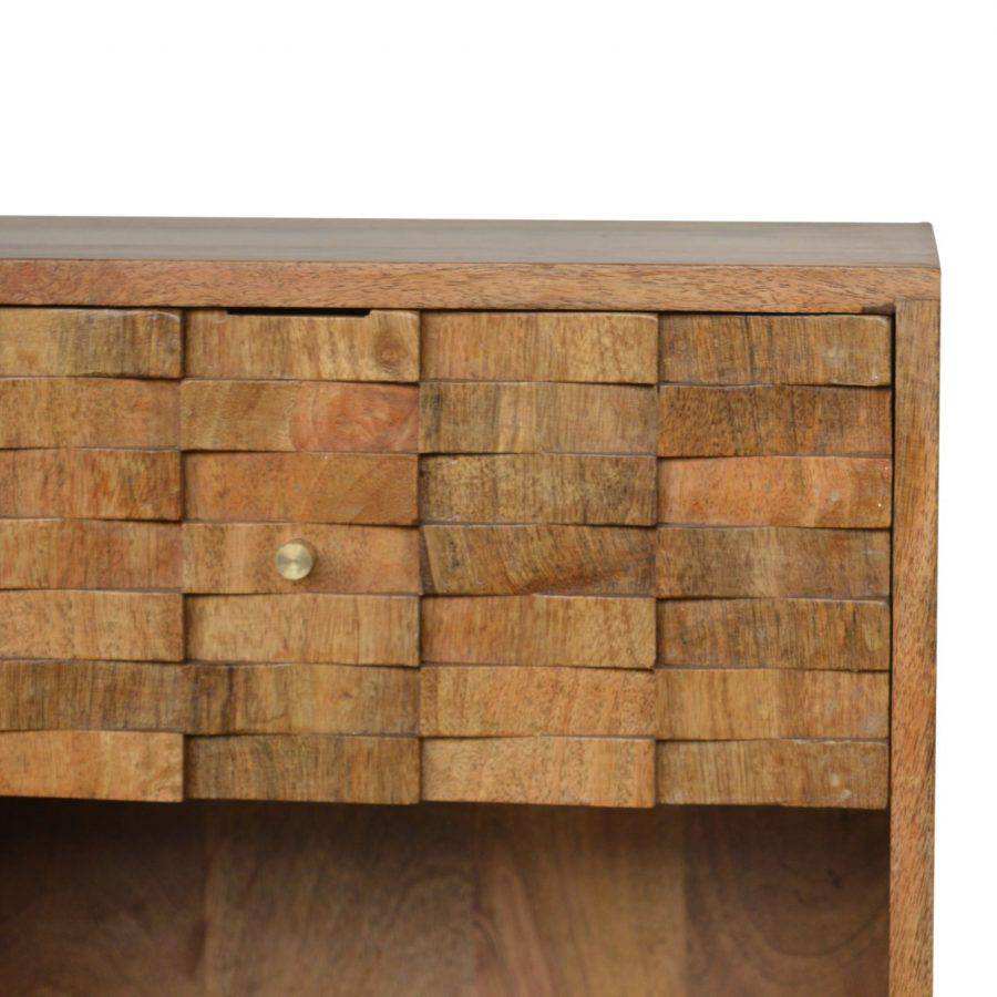 Tile Carved Bedside Table in Oak - effect Mango Wood - Price Crash Furniture