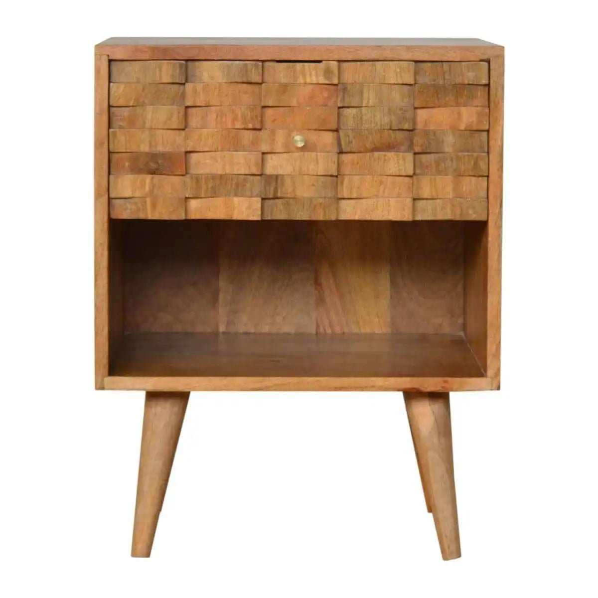 Tile Carved Bedside Table in Oak - effect Mango Wood - Price Crash Furniture