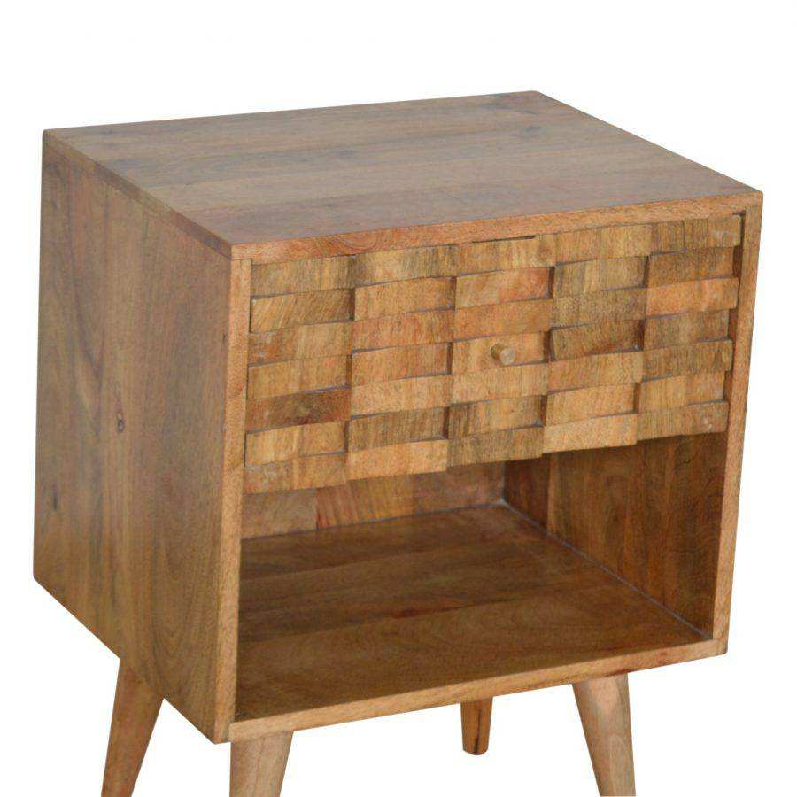 Tile Carved Bedside Table in Oak - effect Mango Wood - Price Crash Furniture