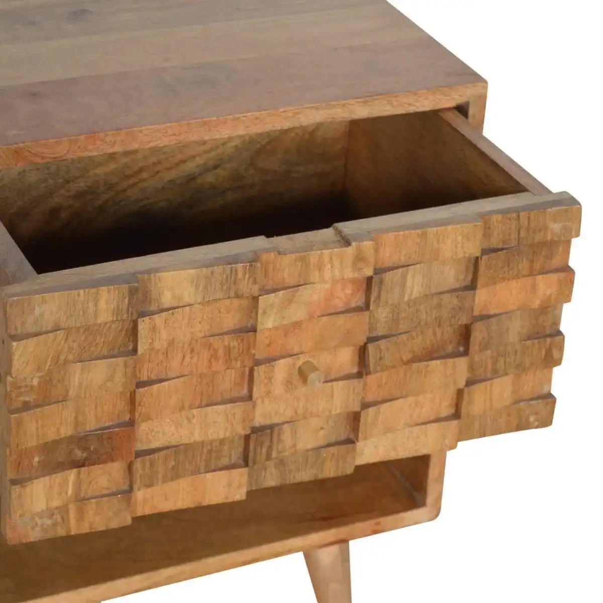Tile Carved Bedside Table in Oak - effect Mango Wood - Price Crash Furniture
