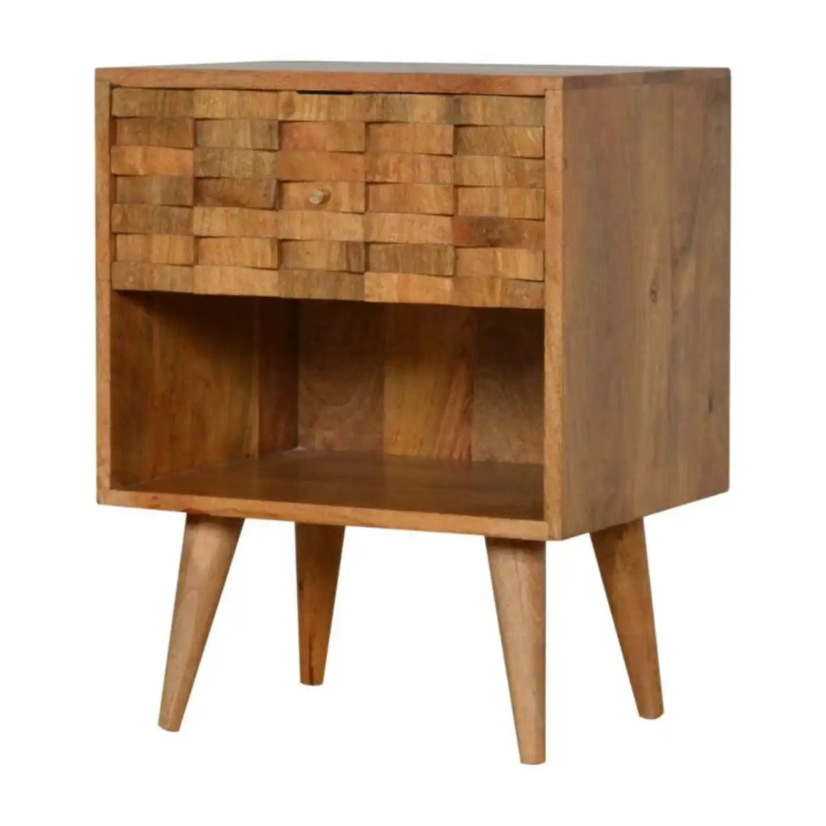 Tile Carved Bedside Table in Oak - effect Mango Wood - Price Crash Furniture