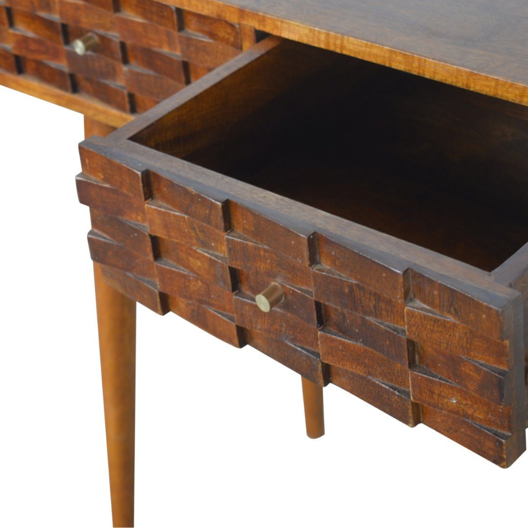 Tile Carved Console Table in Chestnut - effect Mango Wood - Price Crash Furniture