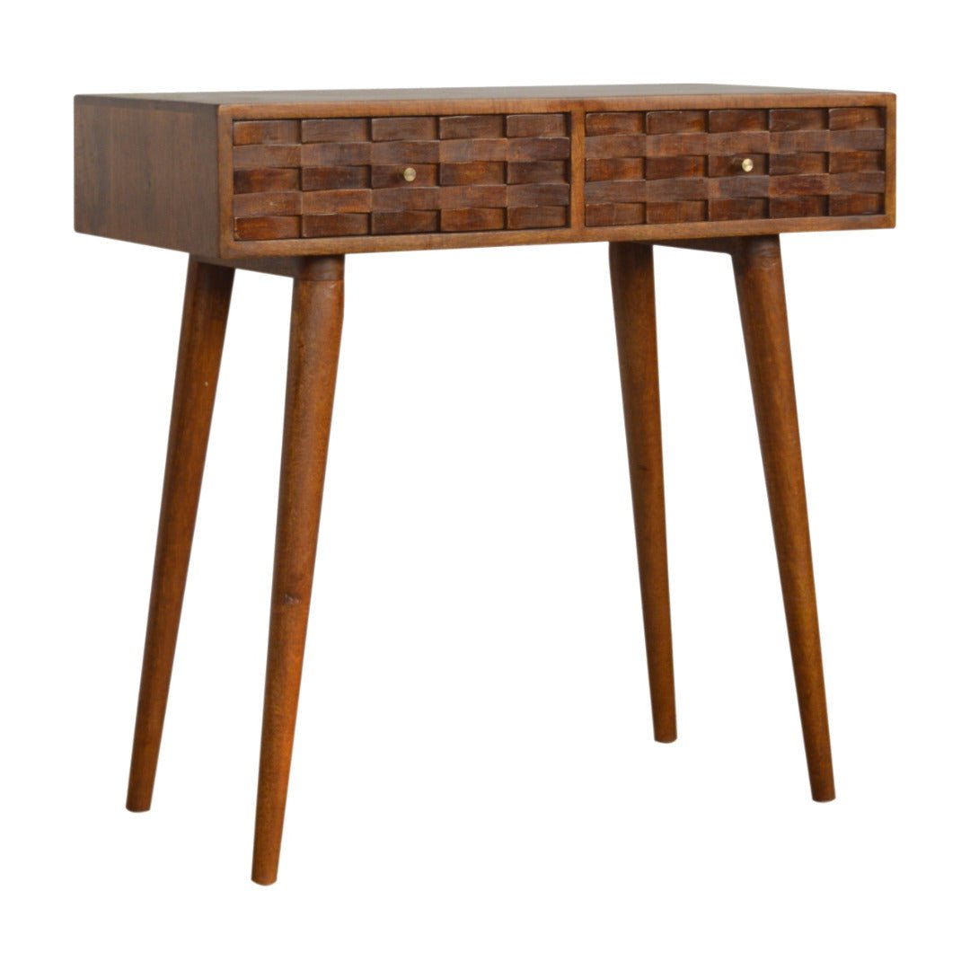 Tile Carved Console Table in Chestnut - effect Mango Wood - Price Crash Furniture