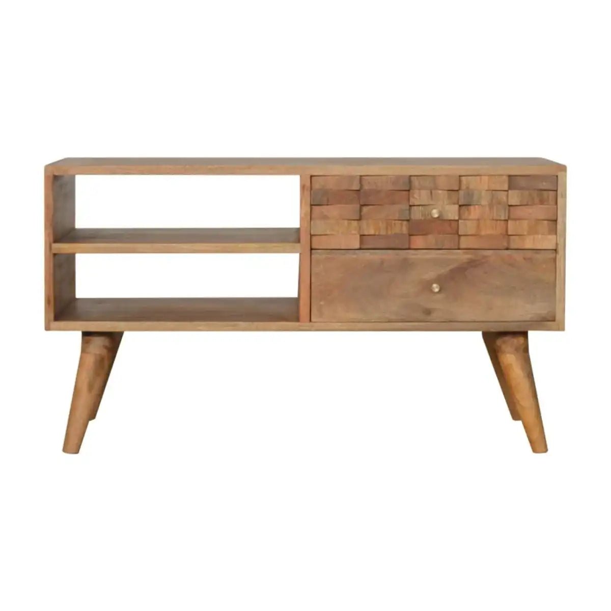 Tile Carved TV Stand in Oak - effect Mango Wood - Price Crash Furniture