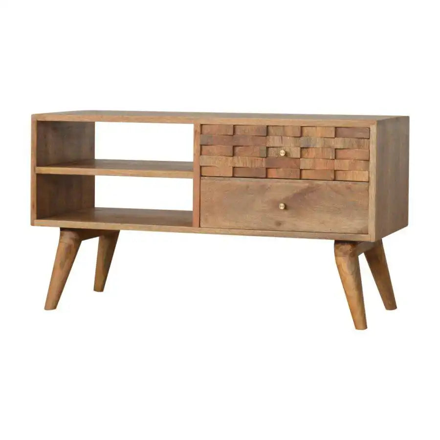 Tile Carved TV Stand in Oak-effect Mango Wood - Price Crash Furniture
