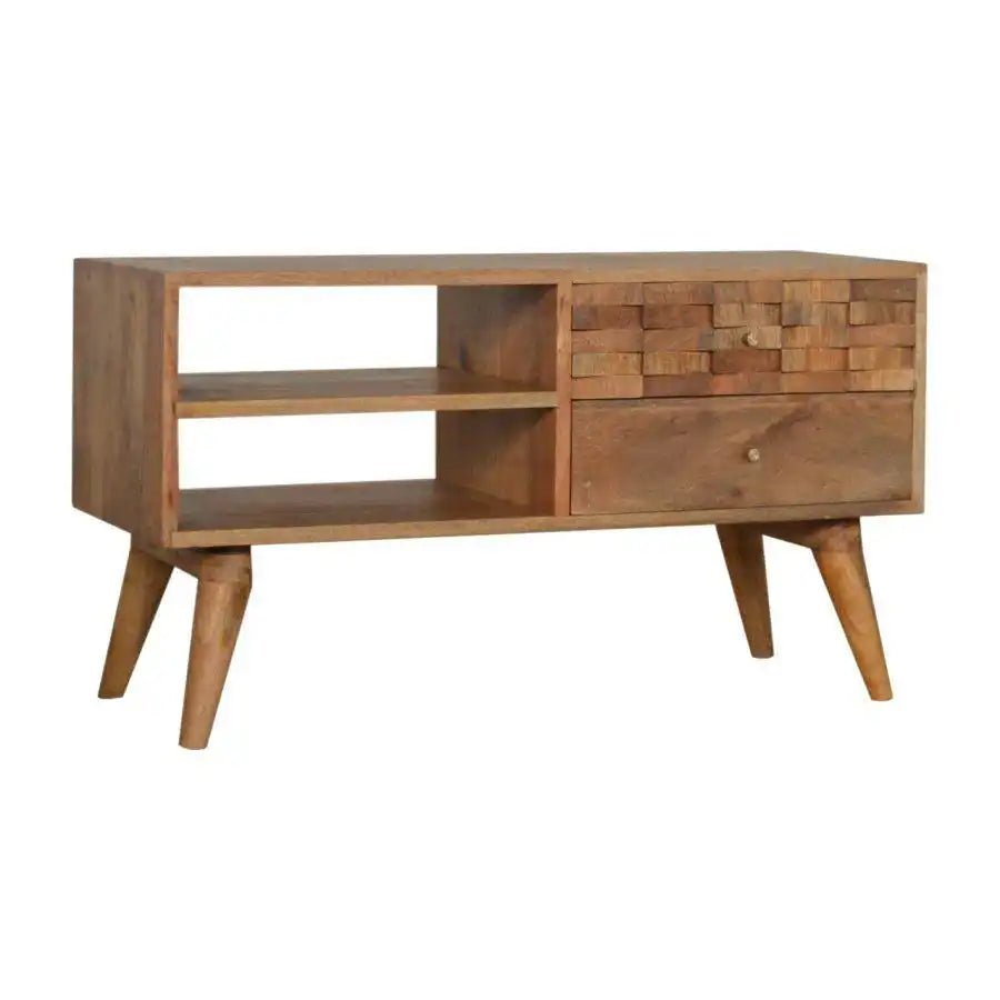 Tile Carved TV Stand in Oak - effect Mango Wood - Price Crash Furniture