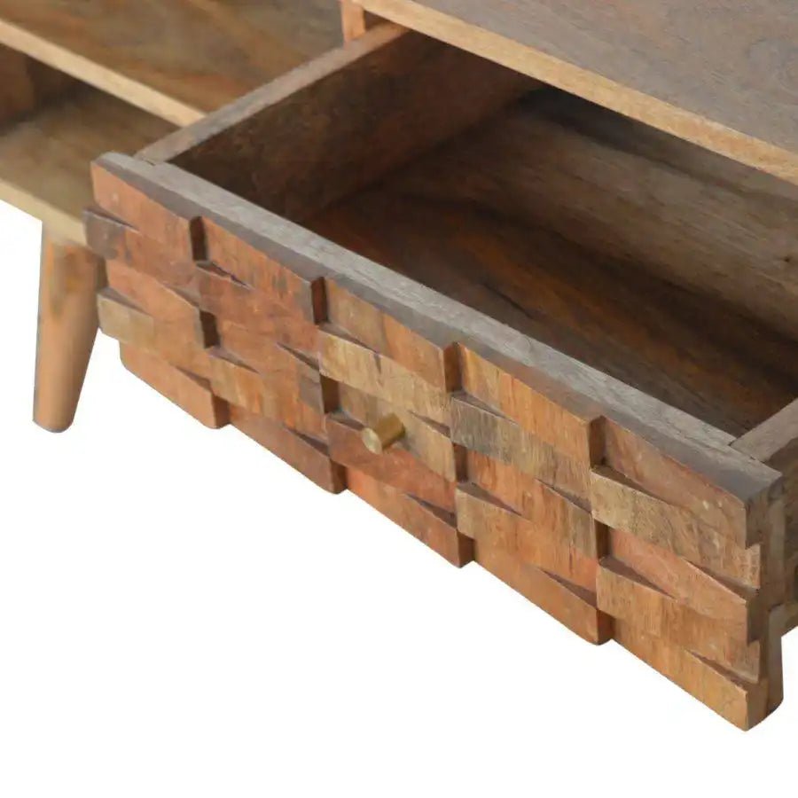 Tile Carved TV Stand in Oak - effect Mango Wood - Price Crash Furniture