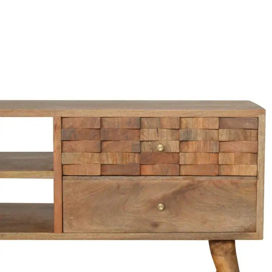 Tile Carved TV Stand in Oak - effect Mango Wood - Price Crash Furniture