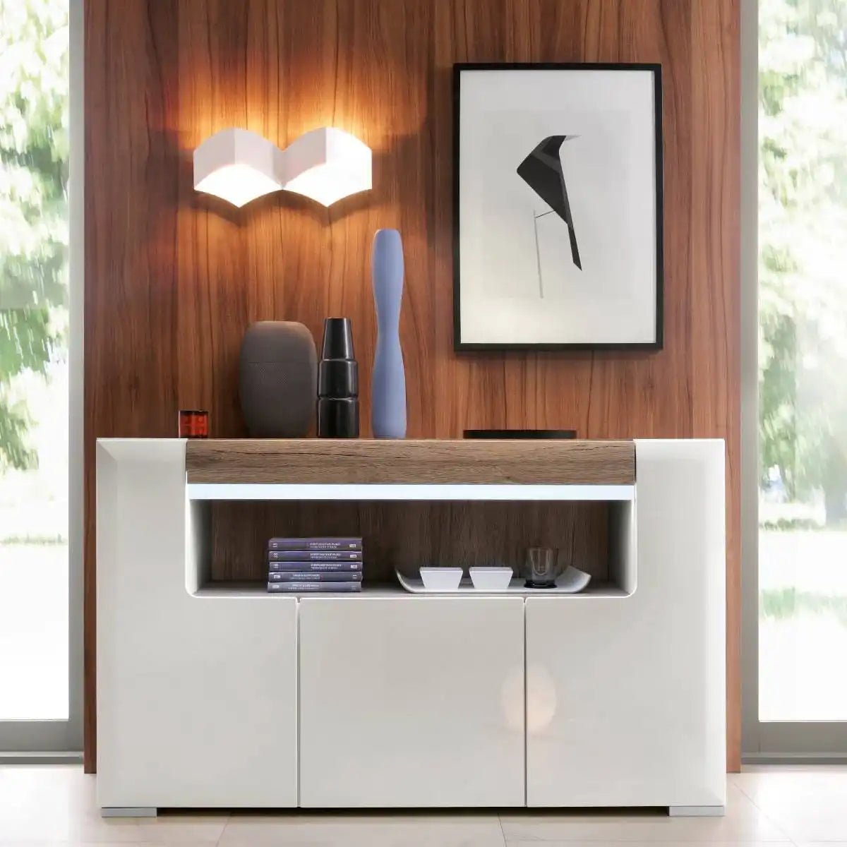 Toronto 3 Door Sideboard With Open Shelving (inc. Plexi Lighting) - Price Crash Furniture