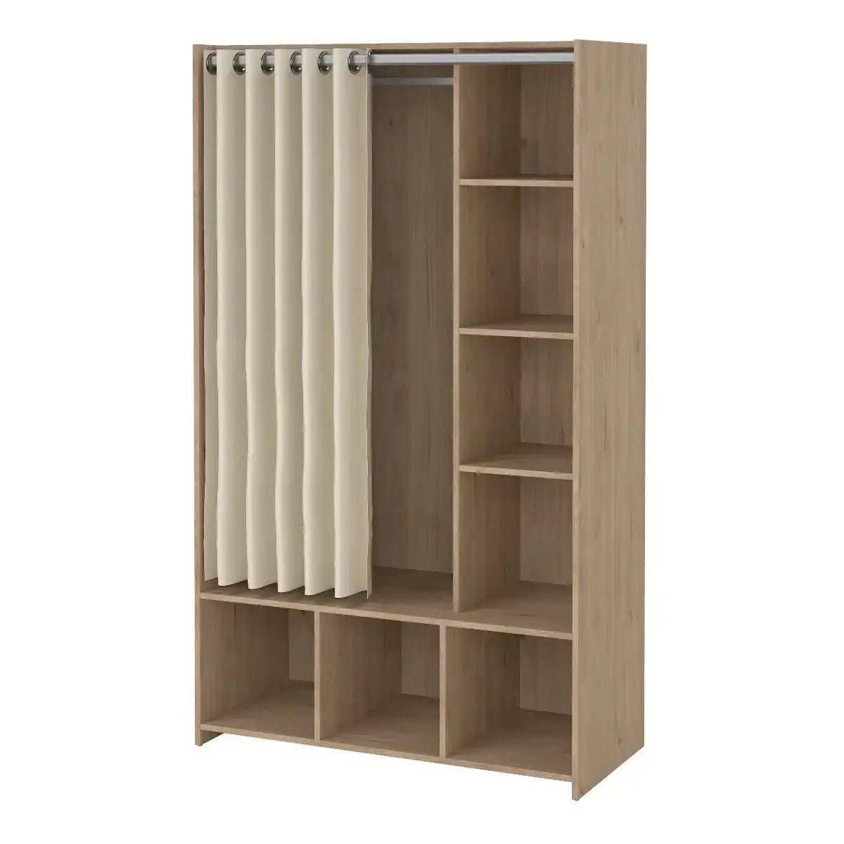 Uppsala Open Mobile Wardrobe Jackson Hickory Oak & Beige Textile Curtain - Price Crash Furniture