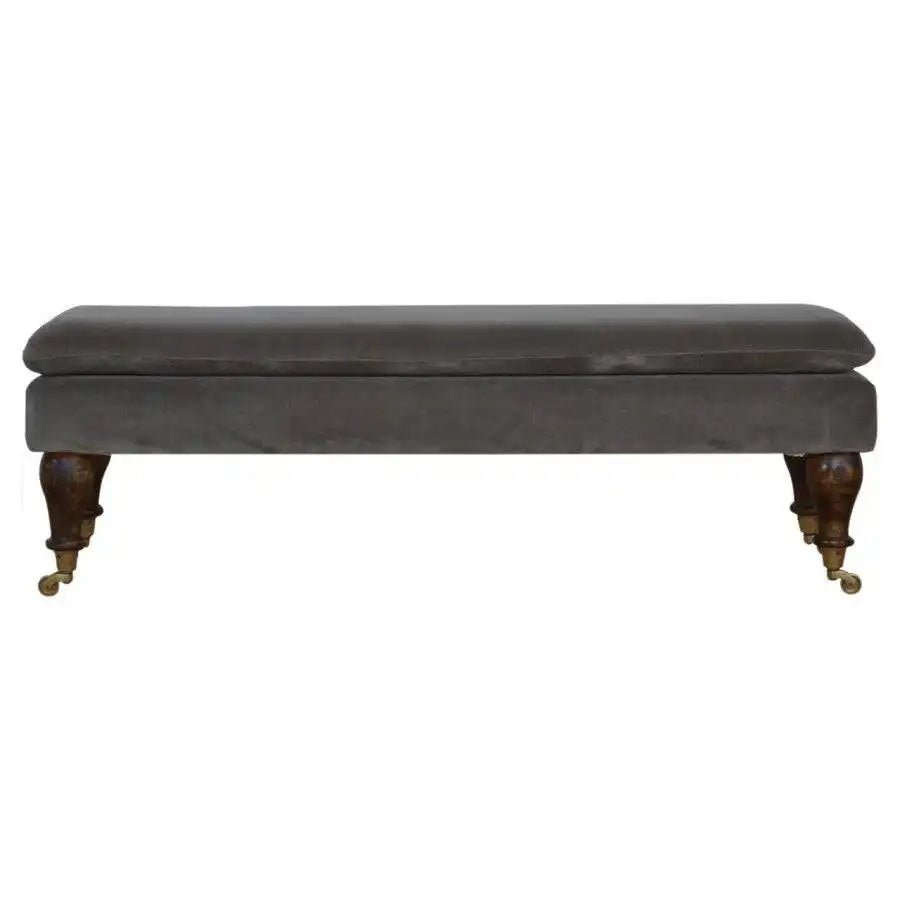 Velvet Bench with Castor Legs in Grey & Walnut - effect Mango Wood - Price Crash Furniture