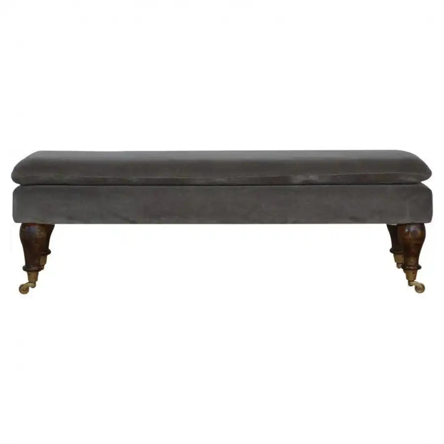 Velvet Bench with Castor Legs in Grey & Walnut-effect Mango Wood - Price Crash Furniture