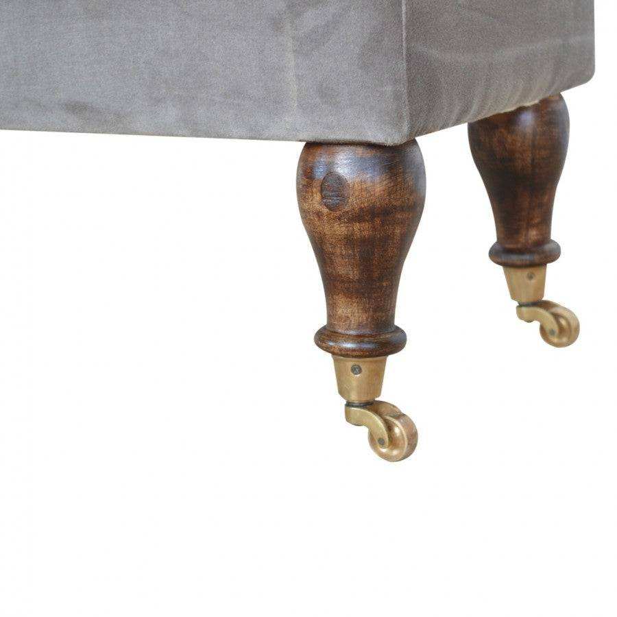 Velvet Bench with Castor Legs in Grey & Walnut - effect Mango Wood - Price Crash Furniture