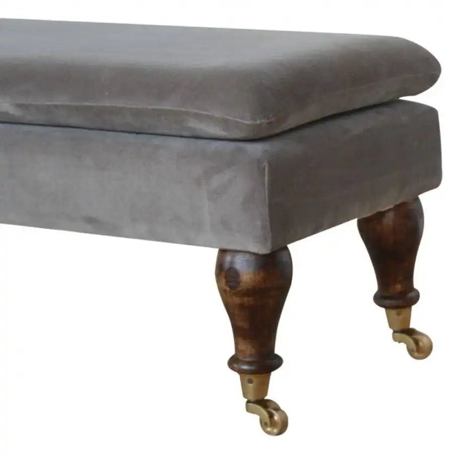 Velvet Bench with Castor Legs in Grey & Walnut - effect Mango Wood - Price Crash Furniture