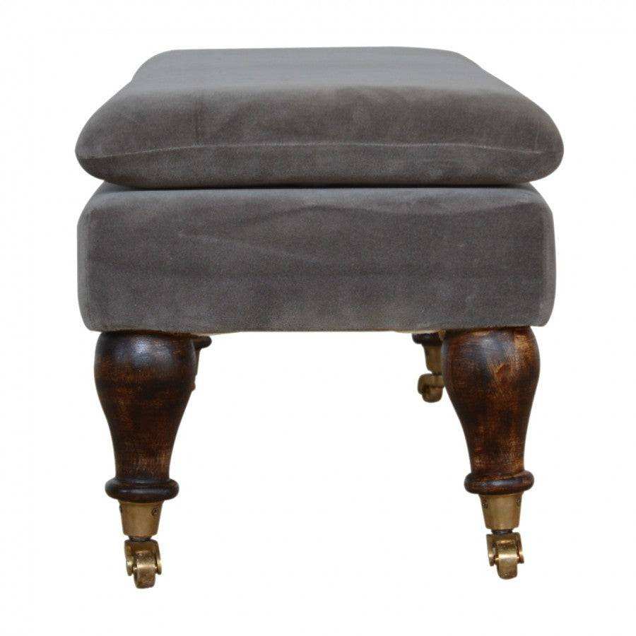 Velvet Bench with Castor Legs in Grey & Walnut - effect Mango Wood - Price Crash Furniture