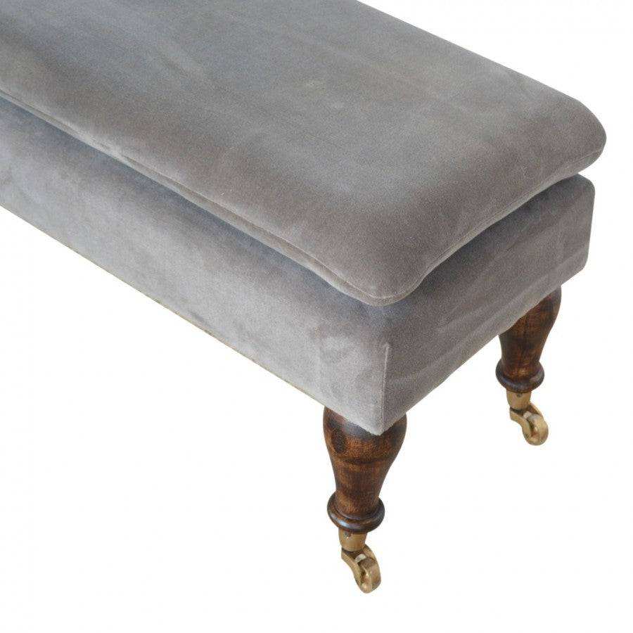 Velvet Bench with Castor Legs in Grey & Walnut - effect Mango Wood - Price Crash Furniture
