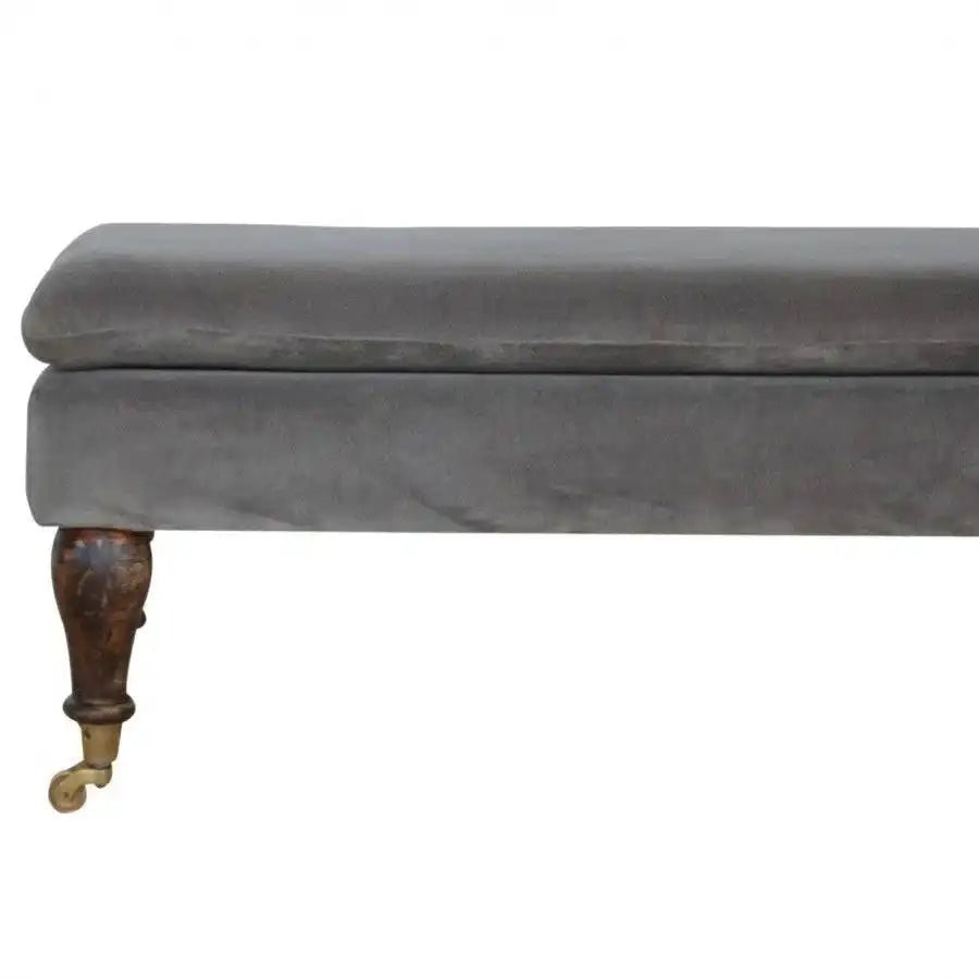 Velvet Bench with Castor Legs in Grey & Walnut - effect Mango Wood - Price Crash Furniture