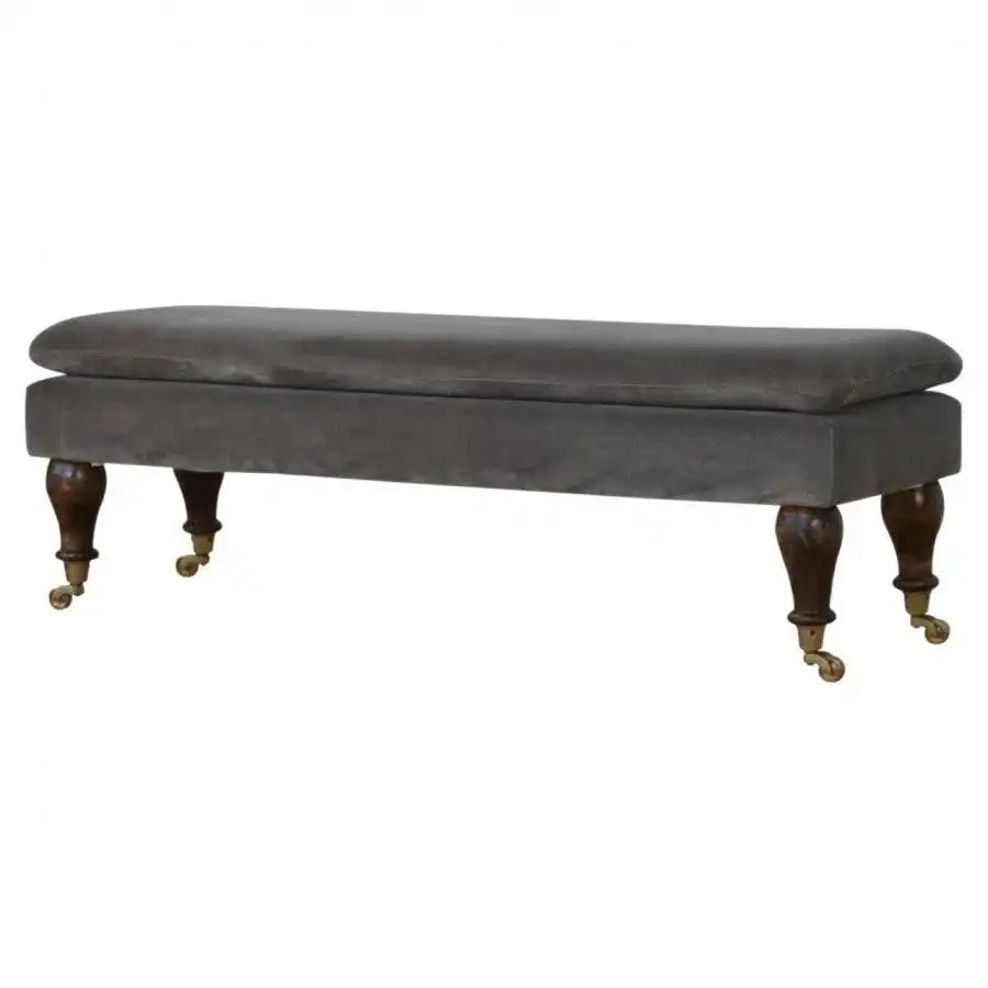Velvet Bench with Castor Legs in Grey & Walnut - effect Mango Wood - Price Crash Furniture