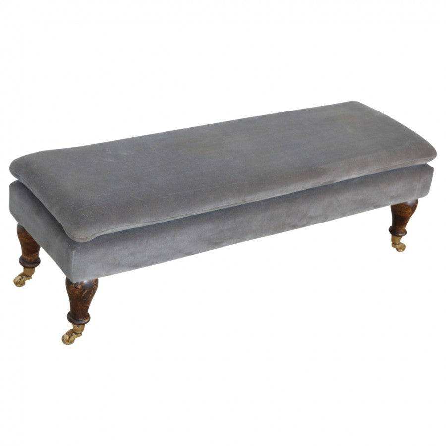Velvet Bench with Castor Legs in Grey & Walnut - effect Mango Wood - Price Crash Furniture