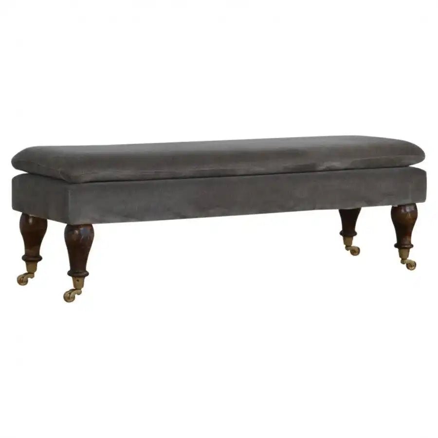 Velvet Bench with Castor Legs in Grey & Walnut - effect Mango Wood - Price Crash Furniture