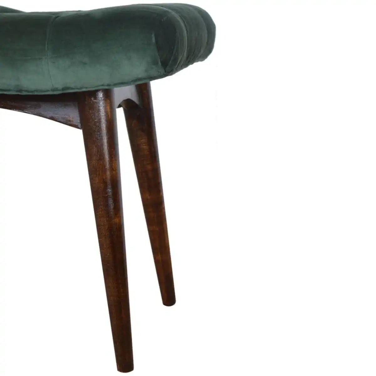 Velvet Curved Bench Seat in Emerald Green & Walnut - effect Mango Wood - Price Crash Furniture