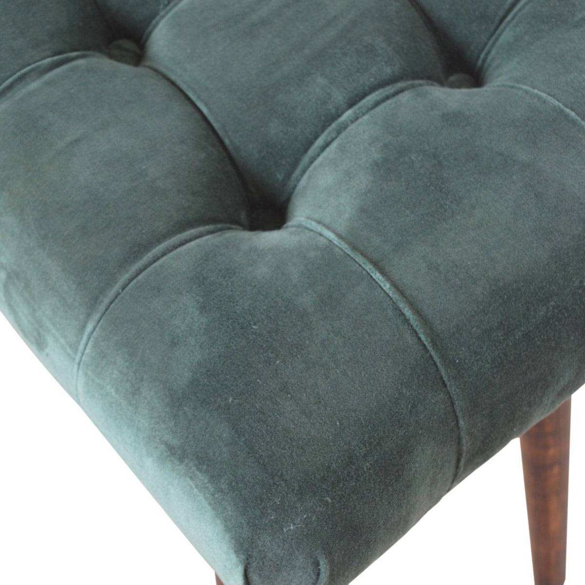 Velvet Curved Bench Seat in Emerald Green & Walnut - effect Mango Wood - Price Crash Furniture