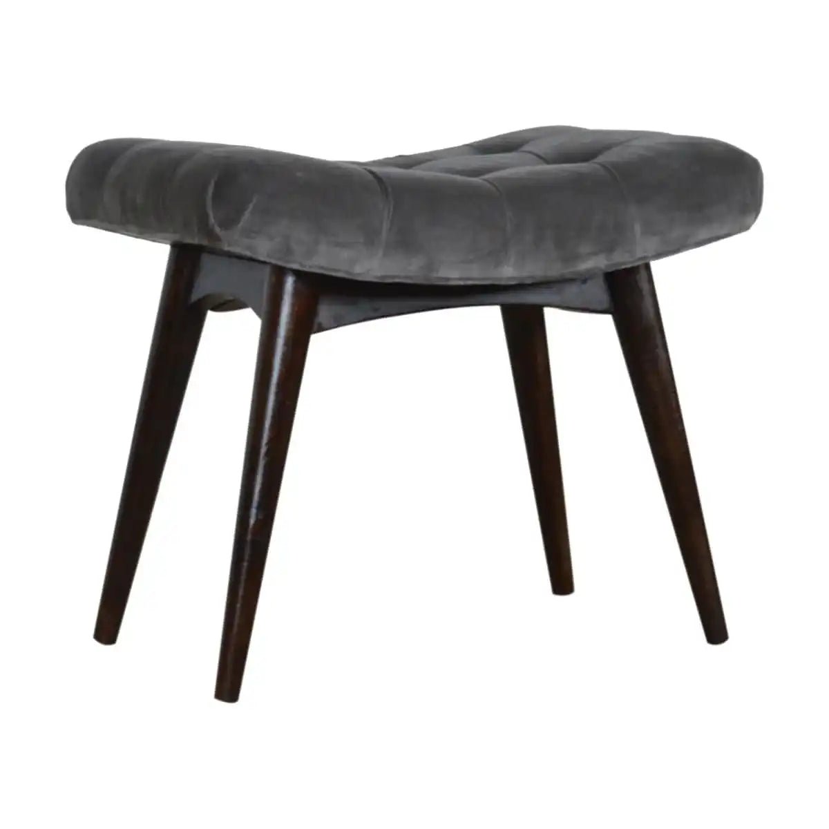 Velvet Curved Bench Seat in Grey & Walnut - effect Mango Wood - Price Crash Furniture