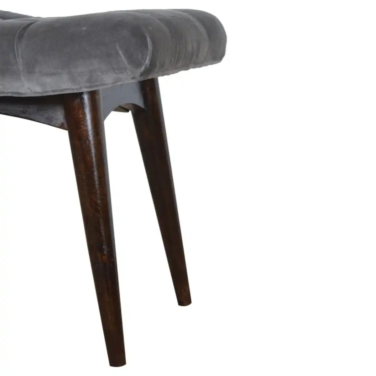 Velvet Curved Bench Seat in Grey & Walnut - effect Mango Wood - Price Crash Furniture