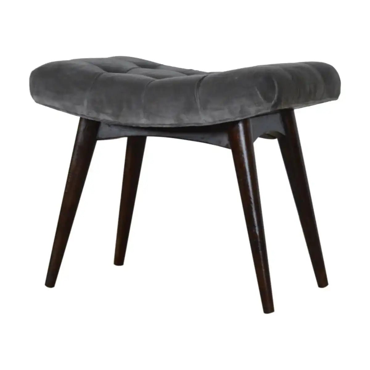 Velvet Curved Bench Seat in Grey & Walnut - effect Mango Wood - Price Crash Furniture