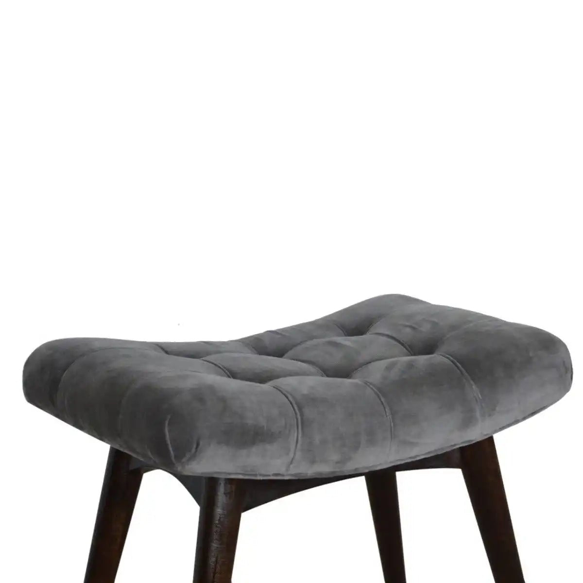 Velvet Curved Bench Seat in Grey & Walnut - effect Mango Wood - Price Crash Furniture