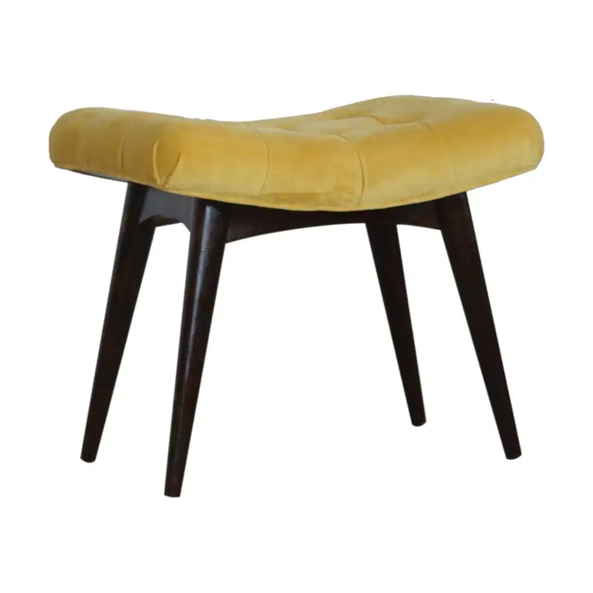 Velvet Curved Bench Seat in Mustard Yellow & Walnut - effect Mango Wood - Price Crash Furniture