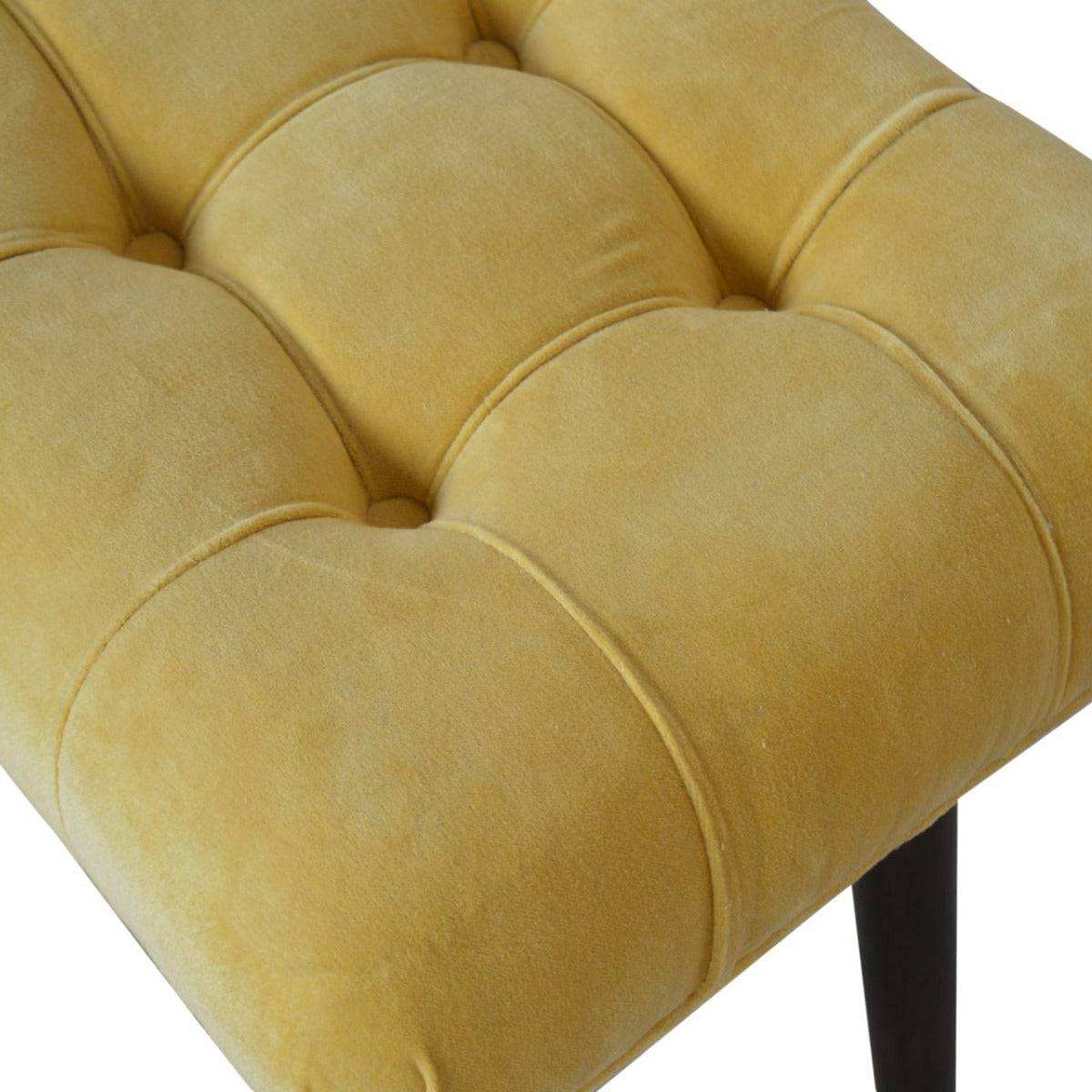 Velvet Curved Bench Seat in Mustard Yellow & Walnut - effect Mango Wood - Price Crash Furniture