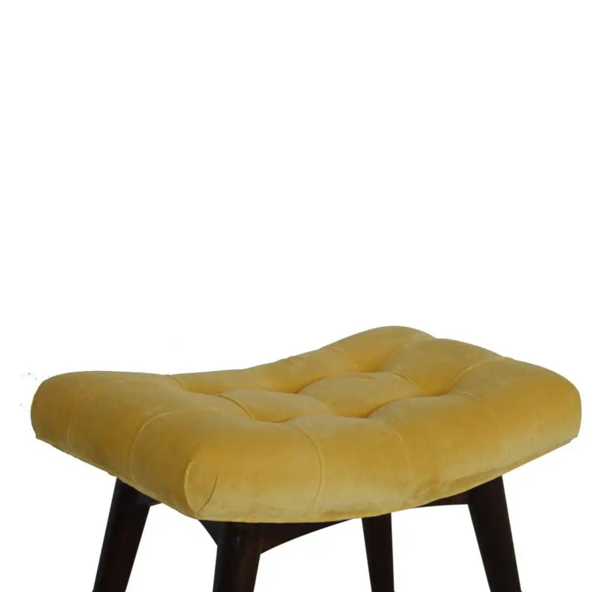 Velvet Curved Bench Seat in Mustard Yellow & Walnut - effect Mango Wood - Price Crash Furniture