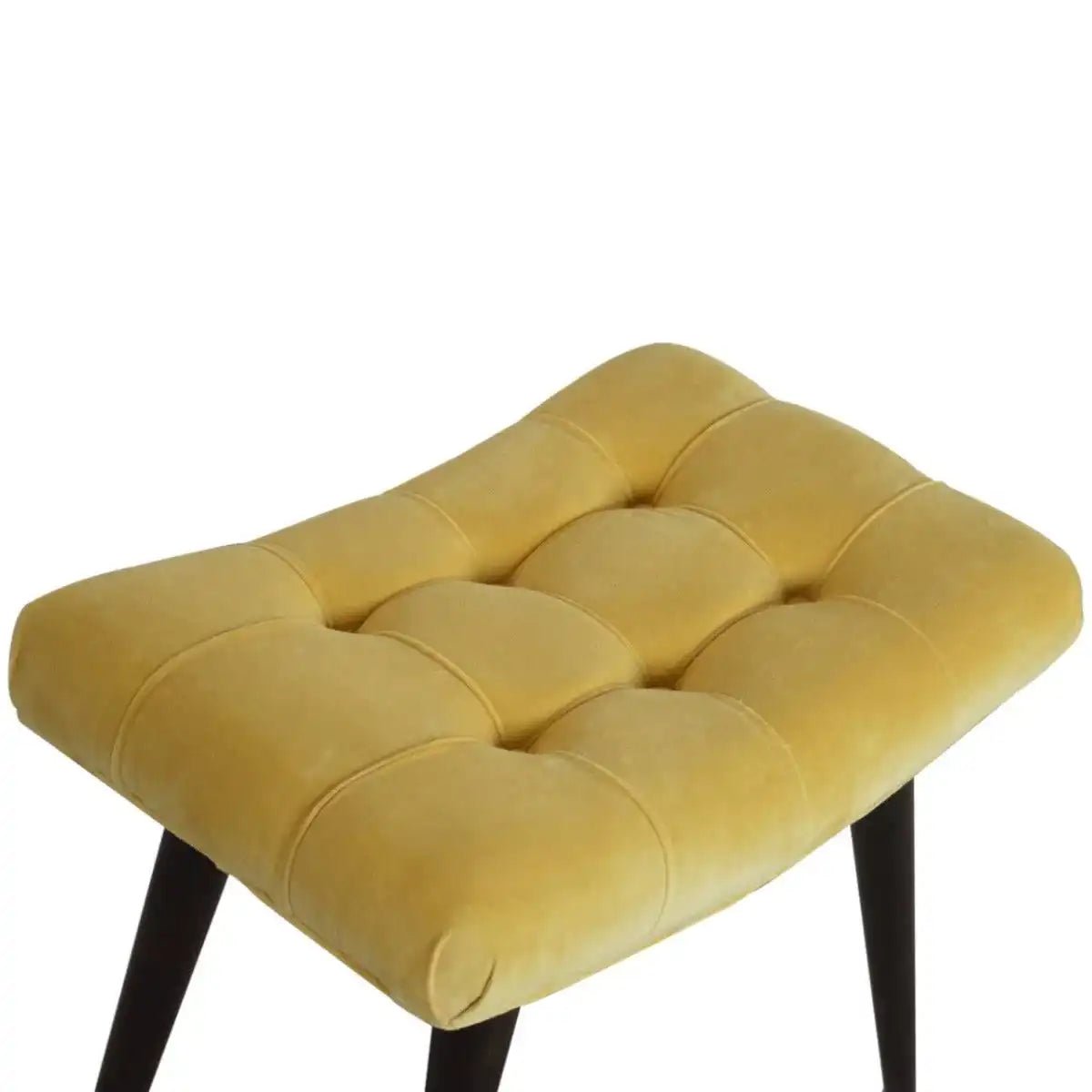 Velvet Curved Bench Seat in Mustard Yellow & Walnut - effect Mango Wood - Price Crash Furniture