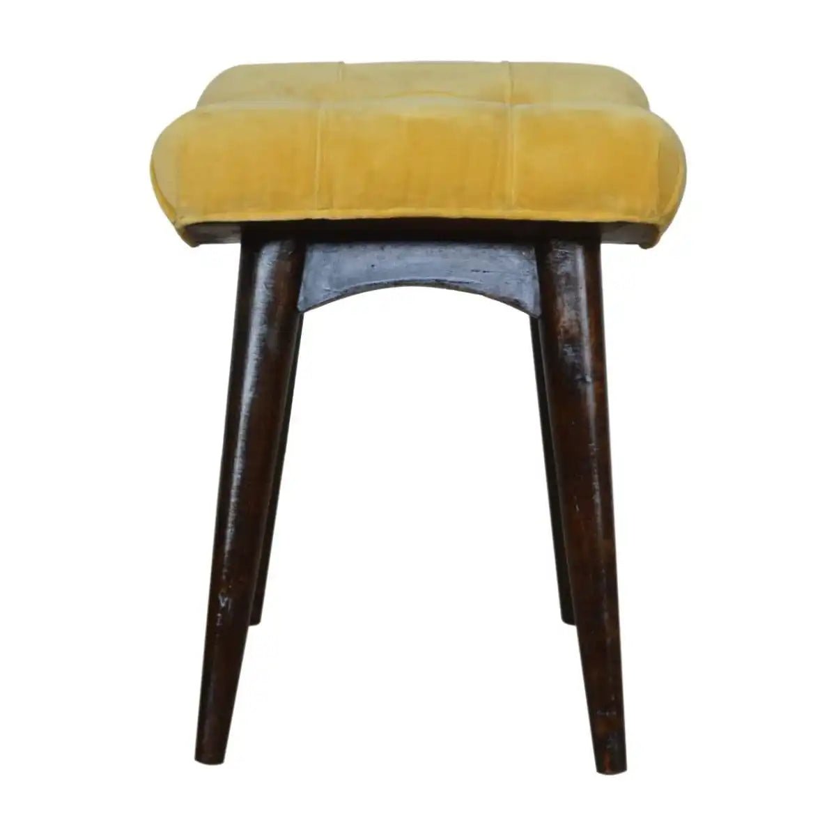 Velvet Curved Bench Seat in Mustard Yellow & Walnut - effect Mango Wood - Price Crash Furniture