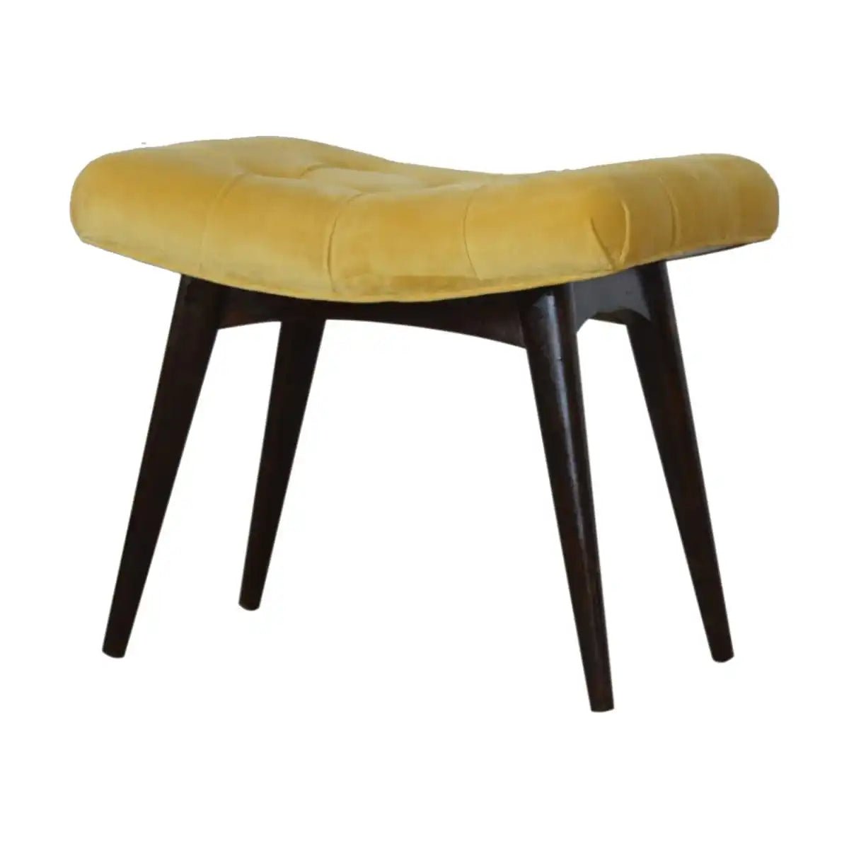 Velvet Curved Bench Seat in Mustard Yellow & Walnut - effect Mango Wood - Price Crash Furniture