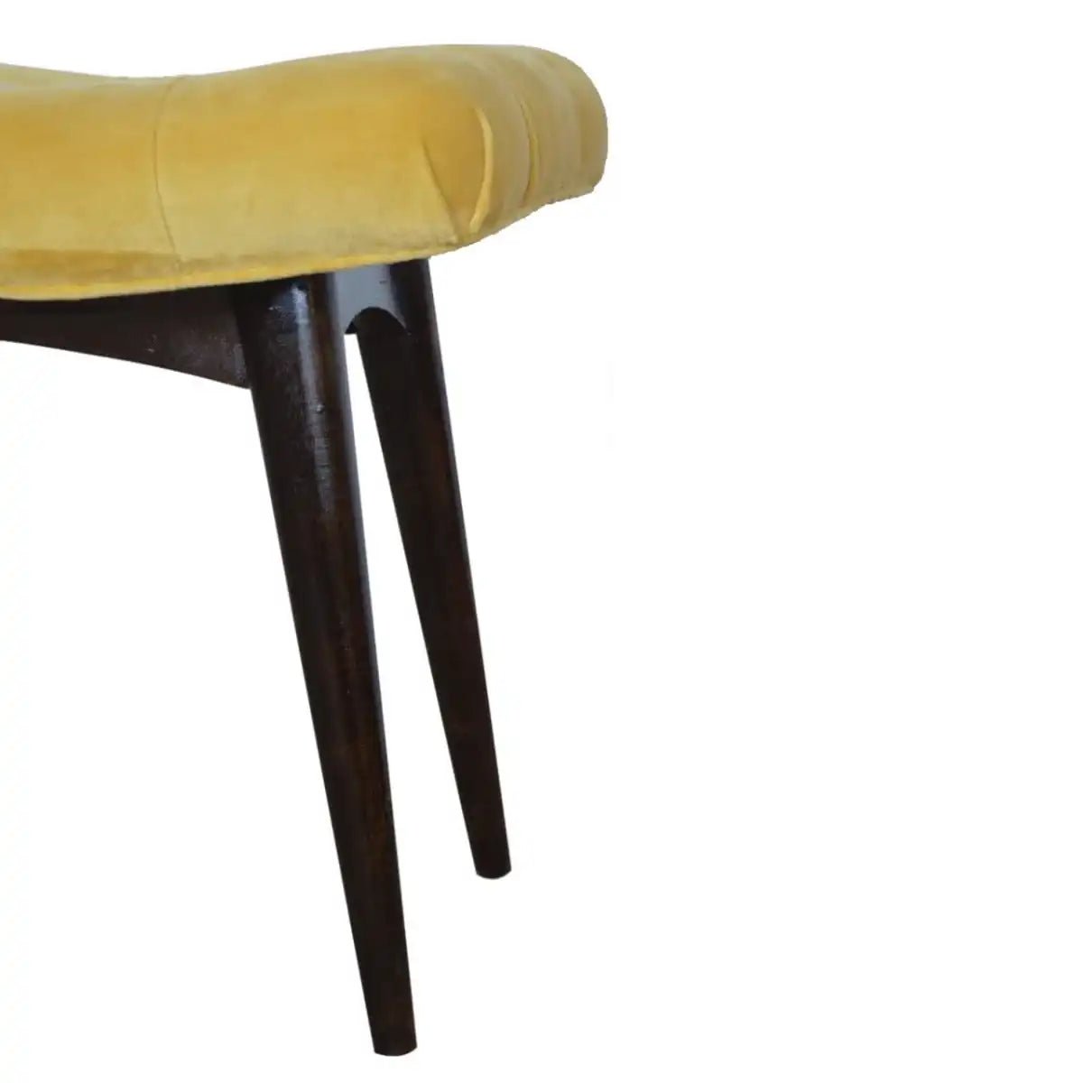Velvet Curved Bench Seat in Mustard Yellow & Walnut - effect Mango Wood - Price Crash Furniture