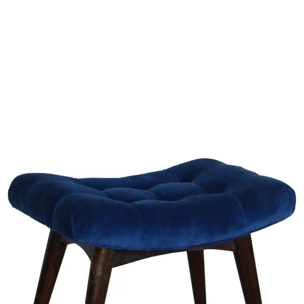 Velvet Curved Bench Seat in Royal Blue & Walnut - effect Mango Wood - Price Crash Furniture