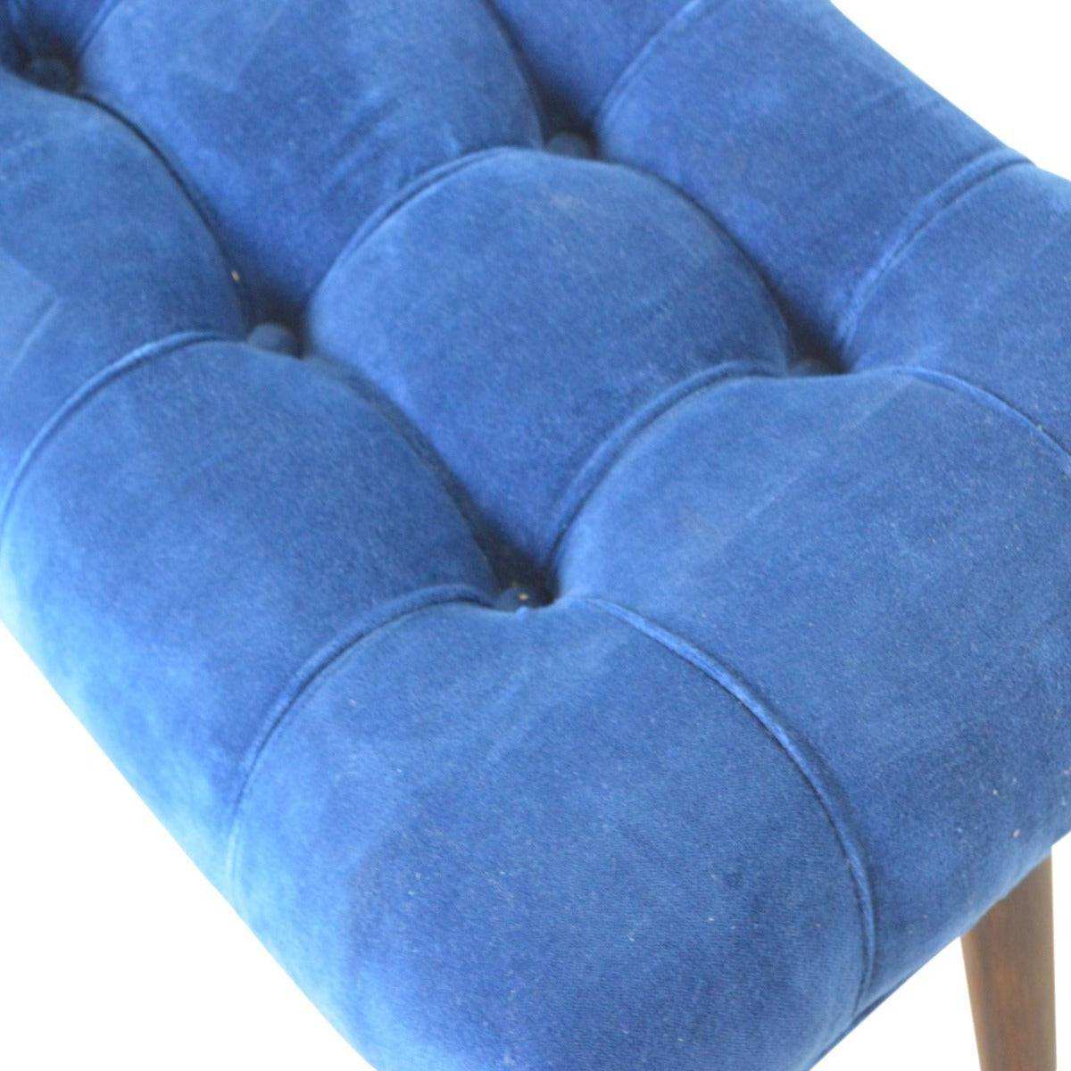Velvet Curved Bench Seat in Royal Blue & Walnut - effect Mango Wood - Price Crash Furniture